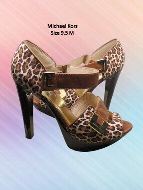 Michael Kors size 9.5 open toe high heels shoes brown cheetah